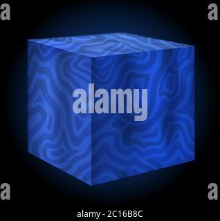 Abstrakte Illustration mit 3d glänzend blauen Würfel und Wellen auf schwarzem Hintergrund Stock Vektor