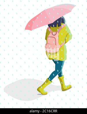 Vektor-Illustration eines Mädchens mit rosa Regenschirm, gelber Regenjacke und Regenstiefel, die im Regen laufen Stock Vektor