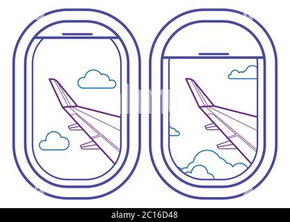 Flugzeugfenster mit Blick auf den wolkigen Himmel und den Flugzeugflügel Stock Vektor
