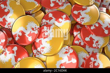 Bhutan Badges Hintergrund - Stapel von Bhutan Flagge Tasten. Stockfoto