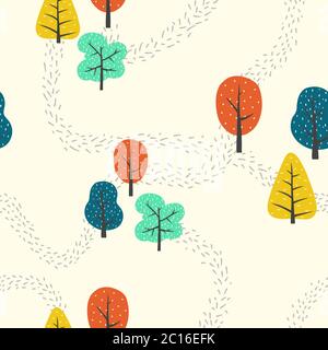 Nahtloses Waldmuster mit bunten Bäumen und Wegen. Süße kindliche Textur für Stoff, Textil, Bekleidung, Kinderzimmer Dekoration. Vektorgrafik Stock Vektor