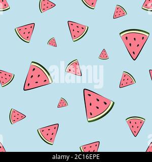 Nahtloses Muster mit Wassermelonenscheiben auf weichem blauen Hintergrund. Nette Vektor-Illustration für Einladungen, Drucke, Geschenkpapier, Grußkarte etc Stock Vektor