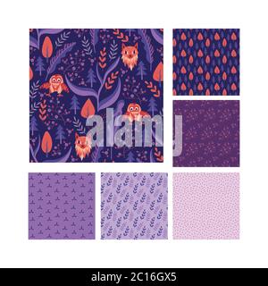 Woodland nahtlose Muster Kollektion. Niedliches Textil-Design für Kinder Stoff. Vektorgrafik. Stock Vektor