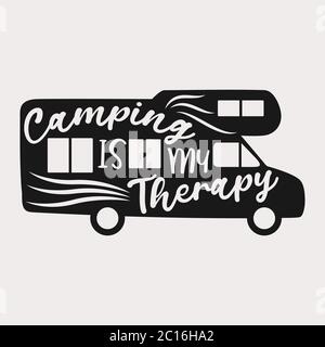 "Camping is my Therapy" Text mit einem Wohnmobil Form. Perfekt für Print oder Web. Es kann zum Beispiel ein T-Shirt-Print oder Aufkleber sein. Stock Vektor