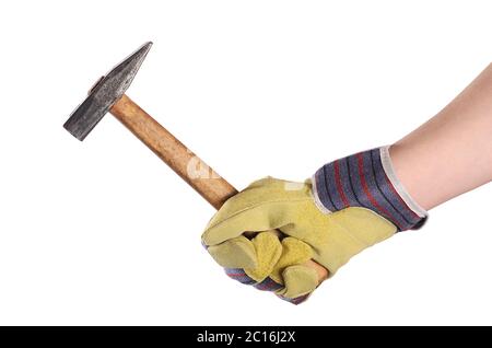 Hammer in die Hand eines Mannes isoliert Stockfoto