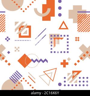 Nahtlose Vektor-Muster aus farbigen, dekorativen geometrischen Formen und Elementen, in orange und lila Farben auf weißem Hintergrund. Stock Vektor
