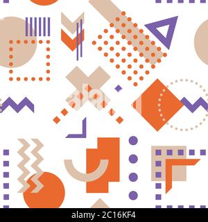 Nahtlose Vektor-Muster aus farbigen, dekorativen geometrischen Formen und Elementen, in orange und lila Farben auf weißem Hintergrund. Stock Vektor