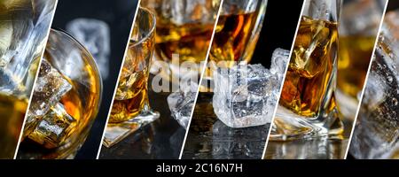 Collage mit Gläsern Whiskey oder anderen Alkohol, Würfel Eis auf dunkel Stockfoto