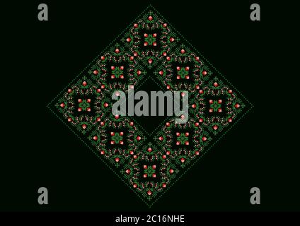Rhomboide Rahmen Muster für die Stickerei von Blumensträußen mit Blumen von rosa und orange Blütenblätter, Zweige mit Blättern und Beeren auf einem dunkelgrünen Hintergrund Stockfoto