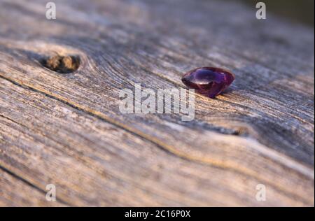 Purpurner Amethyst Edelstein auf Holzhintergrund. Der Amethyst ist violett gefärbt und dieser Stein ist rund geschnitten und poliert Stockfoto