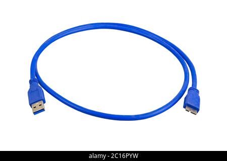 Blaues Kabel usb 3 auf Micro usb 3 auf weißem Hintergrund Stockfoto