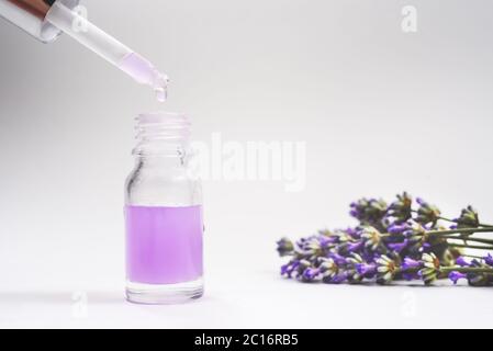 Die Pipette mit weißer Gummispitze aus einer Glasflasche mit wenig Tropfen Lavendelöl und vielen schönen Lavendelblüten daneben auf t Stockfoto