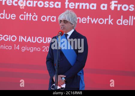 Frosinone, Italien - 14. Juni 2020: Rede des Präsidenten der Provinz Frosinone Antonio Pompeo zur Eröffnungsreise der Frecciarossa Milano Centrale - Napoli Centrale via Frosinone / Cassino Stockfoto