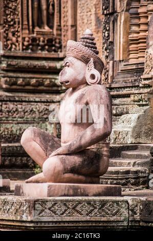 Alte Khmer geschnitzte Statue eines Affen Soldaten, Teil der Hanuman Armee, Bewachung einer prasat Kapelle am Banteay Srei Tempel, Angkor, Kambodscha. Stockfoto