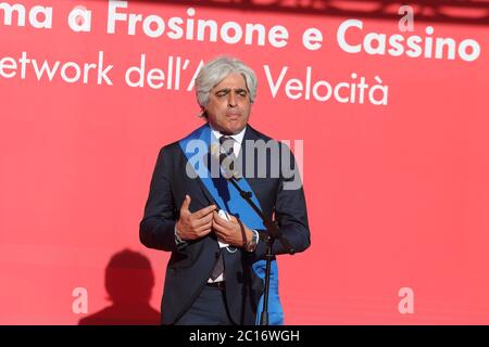 Cassino, Italien - 14. Juni 2020: Die Rede des Präsidenten der Provinz Frosinone Antonio Pompeo für die Eröffnungsreise der Frecciarossa Milano Centrale - Napoli Centrale über Frosinone / Cassino Stockfoto