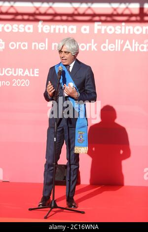 Cassino, Italien - 14. Juni 2020: Die Rede des Präsidenten der Provinz Frosinone Antonio Pompeo für die Eröffnungsreise der Frecciarossa Milano Centrale - Napoli Centrale über Frosinone / Cassino Stockfoto