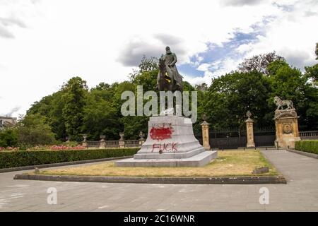 Black Lives Matter, Statue von König Leopold II, in Belgien von Aktivisten (Black Lives Matter), die die koloniale Vergangenheit anprangern, zerstört. Stockfoto