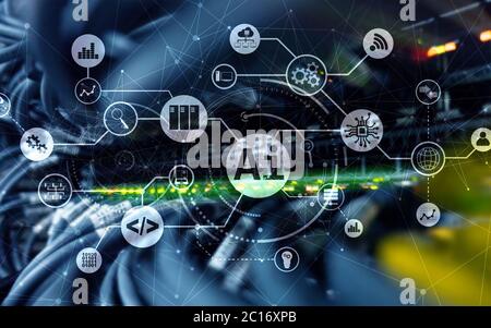 Künstliche Intelligenz. AI. Infografik Illustration auf fantastische Computer-Center. Stockfoto