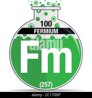 Fermiumsymbol auf dem runden Kolben. Elementnummer 100 des Periodensystems der Elemente - Chemie. Vektorbild Stock Vektor