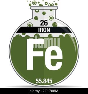 Eisen-Symbol auf chemischer Rundflasche. Elementnummer 26 des Periodensystems der Elemente - Chemie. Vektorbild Stock Vektor