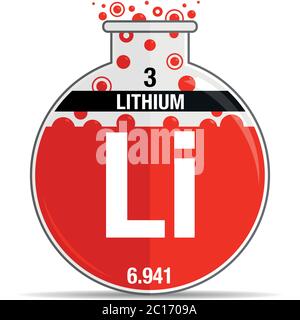 Lithium-Symbol auf chemischem Rundkolben. Element Nummer 3 des Periodensystems der Elemente - Chemie. Vektorbild Stock Vektor