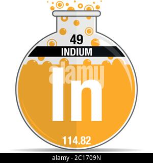 Indium-Symbol auf chemischem Rundkolben. Elementnummer 49 des Periodensystems der Elemente - Chemie. Vektorbild Stock Vektor