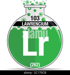 Symbol für Lawrencium auf chemischem Rundkolben. Elementnummer 103 des Periodensystems der Elemente - Chemie. Vektorbild Stock Vektor