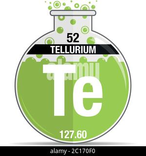 Tellurium-Symbol auf chemischem Rundkolben. Elementnummer 52 des Periodensystems der Elemente - Chemie. Vektorbild Stock Vektor