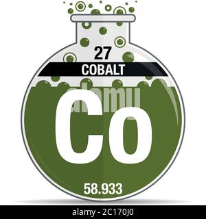 Kobalt-Symbol auf chemischem Rundkolben. Elementnummer 27 des Periodensystems der Elemente - Chemie. Vektorbild Stock Vektor