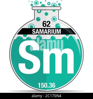 Samariumsymbol auf dem runden Kolben. Elementnummer 62 des Periodensystems der Elemente - Chemie. Vektorbild Stock Vektor