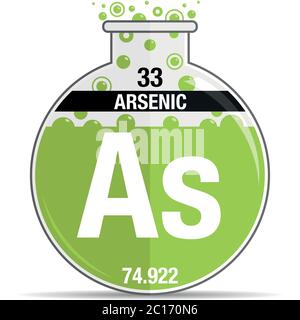 Arsen-Symbol auf chemischem Rundkolben. Elementnummer 33 des Periodensystems der Elemente - Chemie. Vektorbild Stock Vektor