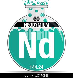 Neodym-Symbol auf chemischem Rundkolben. Elementnummer 60 des Periodensystems der Elemente - Chemie. Vektorbild Stock Vektor