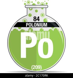 Polonium-Symbol auf chemischem Rundkolben. Elementnummer 84 des Periodensystems der Elemente - Chemie. Vektorbild Stock Vektor