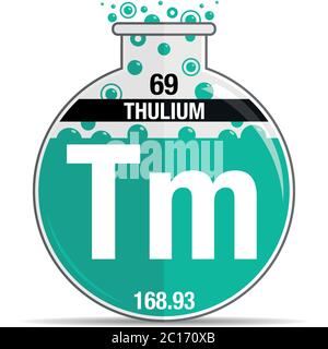 Thulium-Symbol auf dem runden Kolben. Elementnummer 69 des Periodensystems der Elemente - Chemie. Vektorbild Stock Vektor