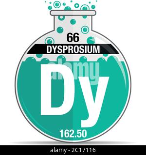 Dysprosium-Symbol auf chemischer Rundflasche. Elementnummer 66 des Periodensystems der Elemente - Chemie. Vektorbild Stock Vektor