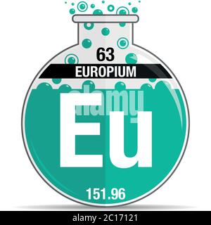 Europium-Symbol auf chemischem Rundkolben. Elementnummer 63 des Periodensystems der Elemente - Chemie. Vektorbild Stock Vektor