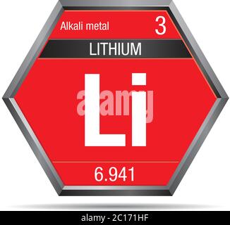 Lithium-Symbol in Form eines Sechsecks mit Metallrahmen. Element Nummer 3 des Periodensystems der Elemente - Chemie Stock Vektor