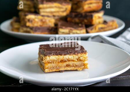 Ungarische Zserbo Szelet (Gerbaud-Kuchen): Ein traditionelles ungarisches Dessert aus Schichten von Gebäck, Aprikosenmarmelade, Walnüssen und dunkler Schokolade Stockfoto