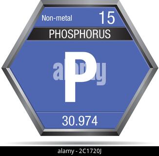 Phosphor-Symbol in Form eines Sechsecks mit einem metallischen Rahmen. Elementnummer 15 des Periodensystems der Elemente - Chemie Stock Vektor