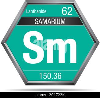 Samariumsymbol in Form eines Sechsecks mit einem Metallrahmen. Elementnummer 62 des Periodensystems der Elemente - Chemie Stock Vektor