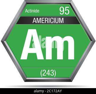 Americium Symbol in Form eines Sechsecks mit einem metallischen Rahmen. Elementnummer 95 des Periodensystems der Elemente - Chemie Stock Vektor