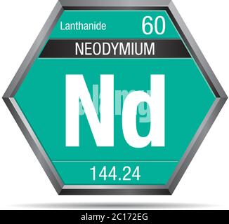 Neodym-Symbol in Form eines Sechsecks mit Metallrahmen. Elementnummer 60 des Periodensystems der Elemente - Chemie Stock Vektor