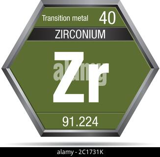 Zirkonium-Symbol in Form eines Sechsecks mit einem metallischen Rahmen. Elementnummer 40 des Periodensystems der Elemente - Chemie Stock Vektor