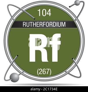 Rutherfordium Symbol in einem Metallring mit farbigem Hintergrund und Kugeln umkreisen. Elementnummer 104 des Periodensystems des Elements Stock Vektor