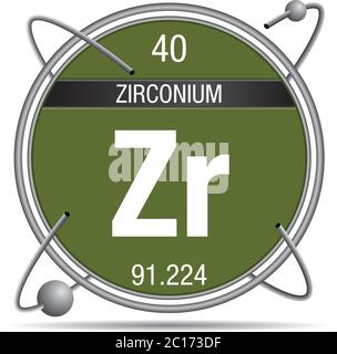 Zirkonium Symbol in einem Metallring mit farbigem Hintergrund und Kugeln umkreisen. Elementnummer 40 des Periodensystems der Elemente Stock Vektor