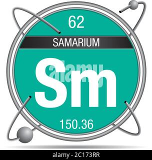 Samariumsymbol in einem Metallring mit farbigem Hintergrund und umkreisenden Kugeln. Elementnummer 62 des Periodensystems der Elemente Stock Vektor