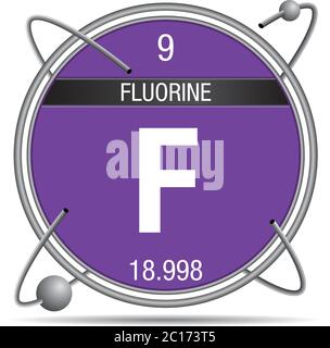 Fluor-Symbol in einem Metallring mit farbigem Hintergrund und umkreisenden Kugeln. Element Nummer 9 des Periodensystems der Elemente Stock Vektor