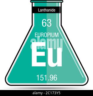 Europium-Symbol auf dem chemischen Kolben. Elementnummer 63 des Periodensystems der Elemente - Chemie Stock Vektor