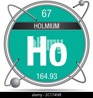 Holmium-Symbol in einem Metallring mit farbigem Hintergrund und Kugeln umkreisen. Elementnummer 67 des Periodensystems der Elemente Stock Vektor