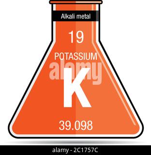 Kaliumsymbol auf dem chemischen Kolben. Elementnummer 19 des Periodensystems der Elemente - Chemie Stock Vektor